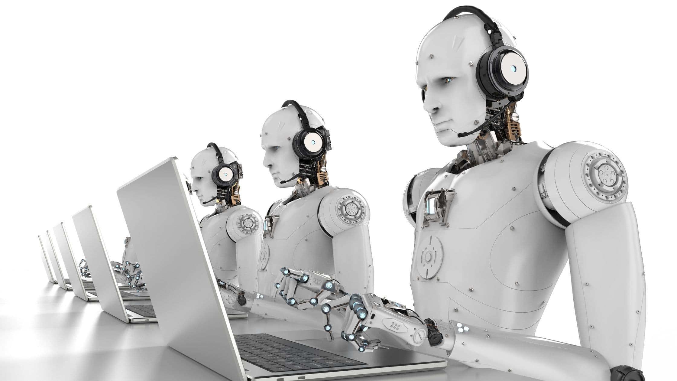 Row of AI voice agents at workstations, representing how platforms like Ai Call Center, Retell AI, Vapi and Synthflow each deploy AI call handling differently