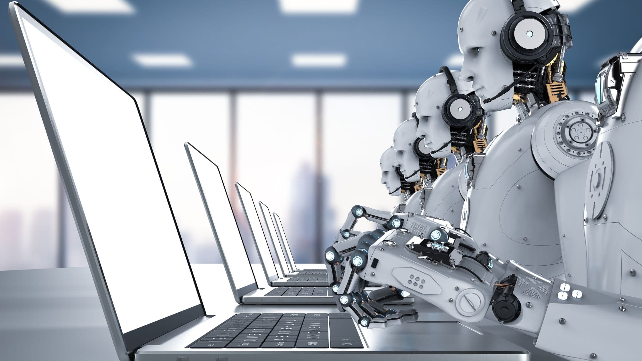 A row of AI voice agents at workstations with headsets, representing a no-code platform handling both inbound and outbound calls
