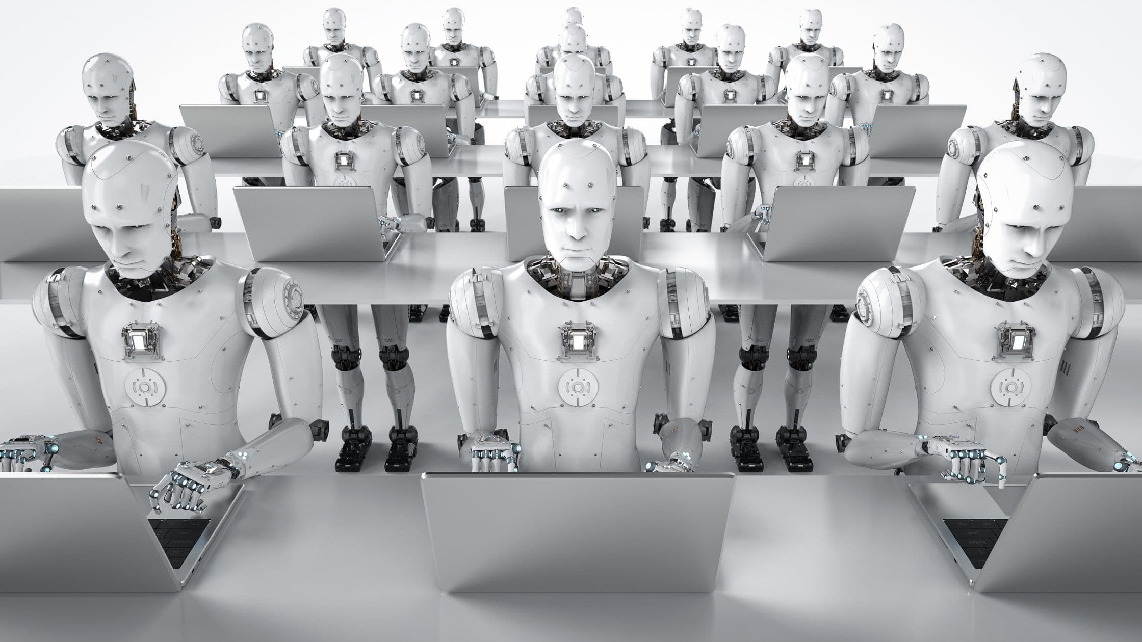 Rows of AI agents at workstations, representing outbound call automation running at scale