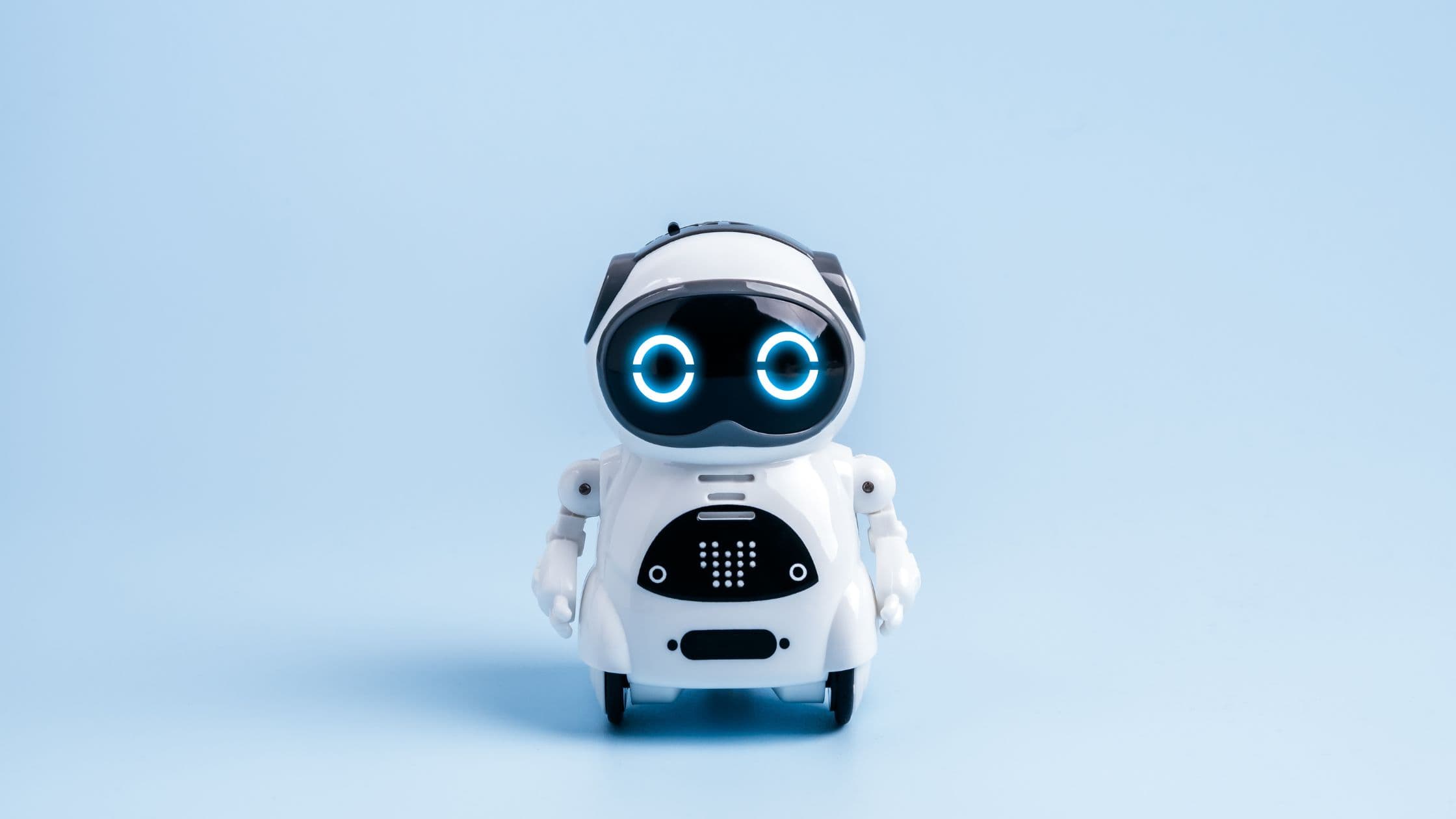 A small, simple AI robot, representing a modest but reliable first version of a no-code voice agent built in an afternoon