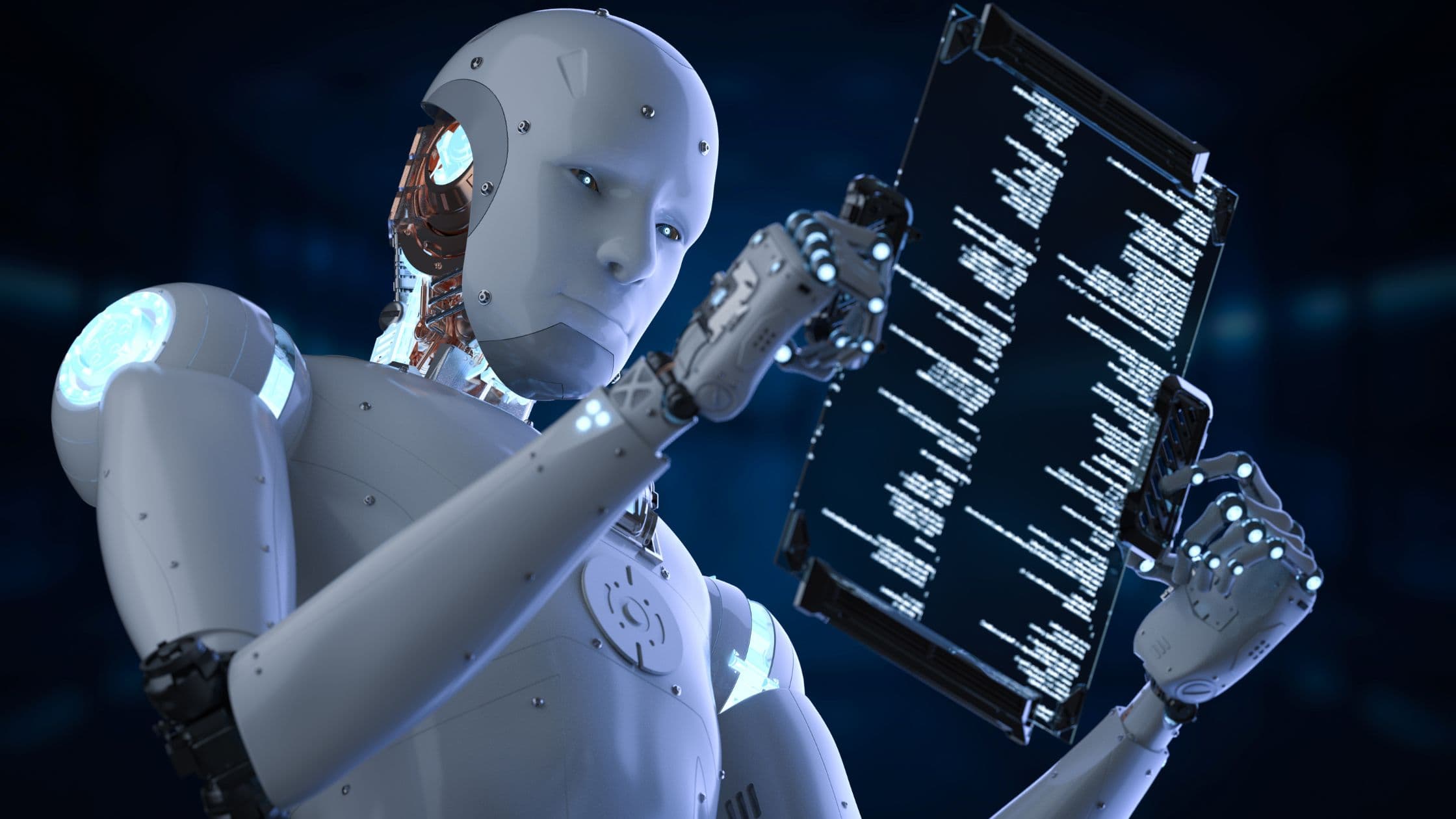 A robot reviewing a data readout, representing reading call transcripts to catch and fix small business AI voice agent mistakes early
