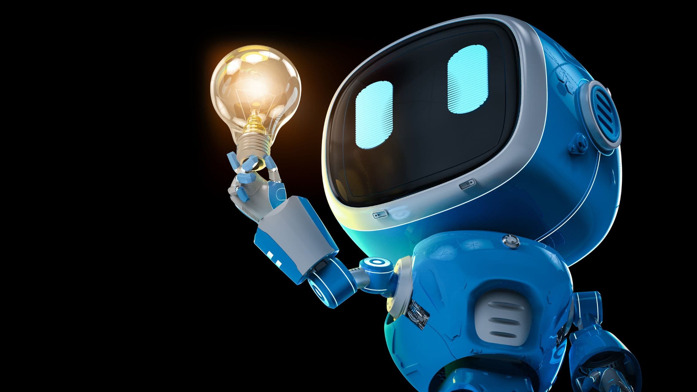 A small robot holding a glowing lightbulb, representing starting an AI receptionist rollout narrow and expanding once the basics work