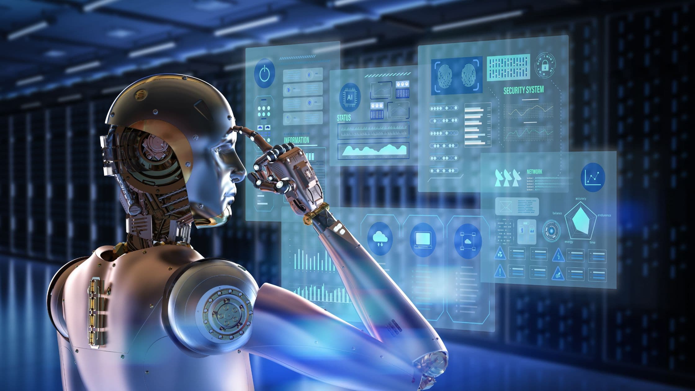 AI voice agent interacting with a data and security dashboard, representing the integration and reporting layer of AI call center software