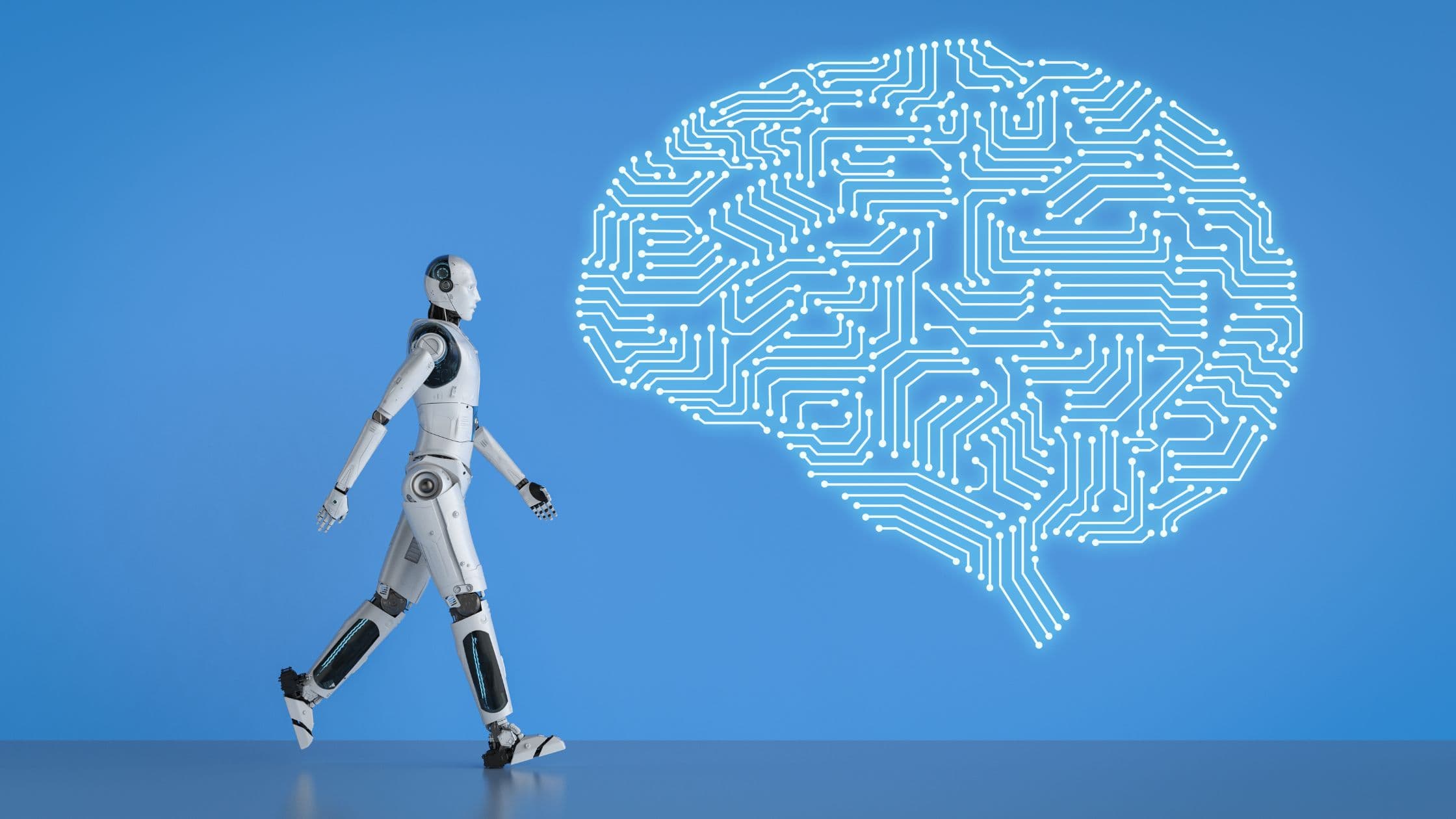 A robot approaching a glowing circuit brain, representing an AI call agent reasoning through a tech support issue
